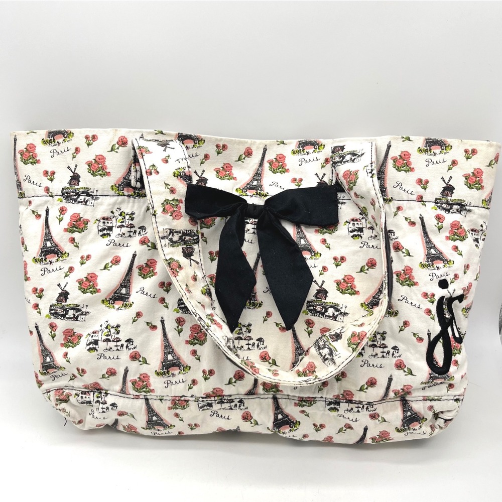 Jessie Steele Paris Eiffel Tower Rose Print Canvas Tote Bag Black Bow Accent